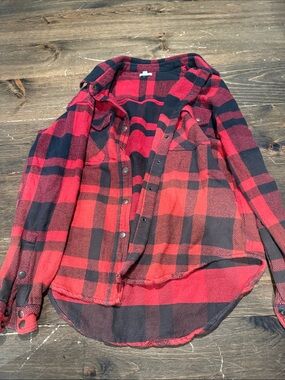 Red Black Plaid Button-Up Shacket Jacket - Women